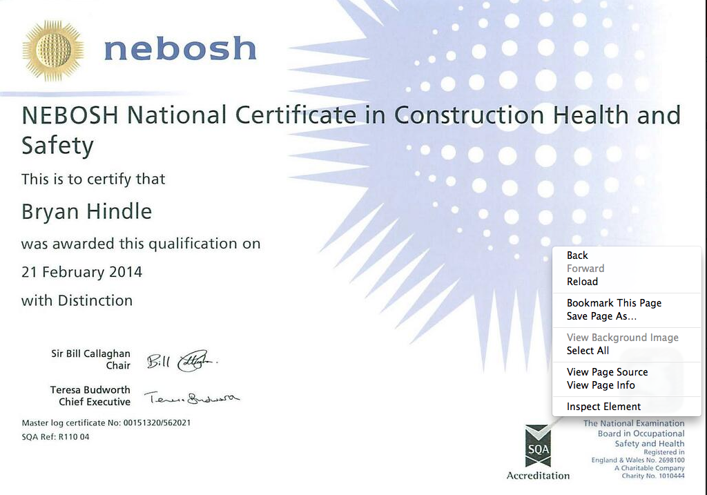 Bryan Hindle Nebosh Certificate