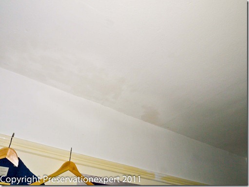 Damp ceiling in Harrogate, Yorkshire, caused by salts from a chimney